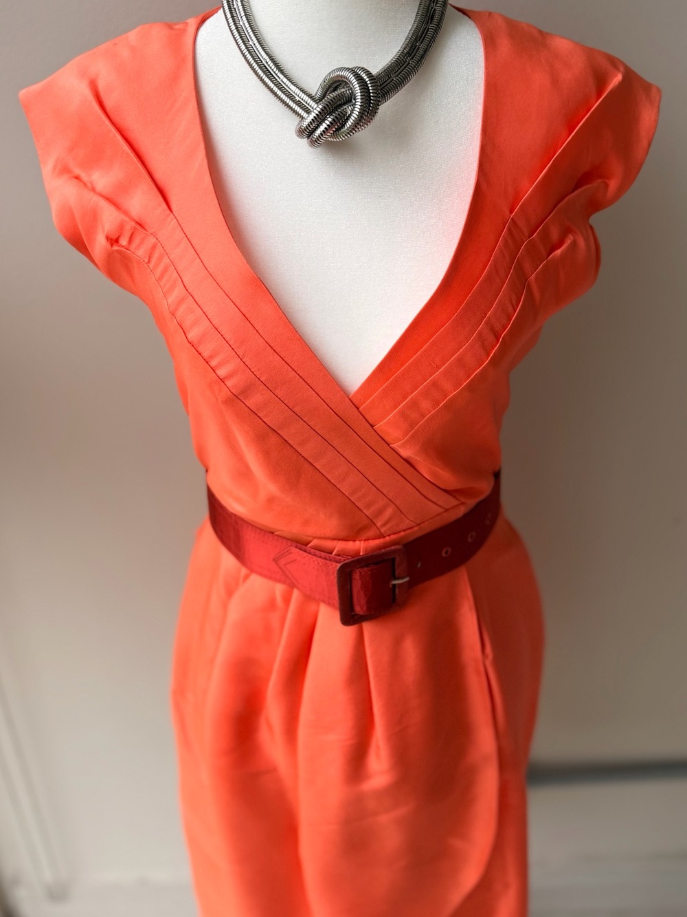 Alice + Olivia Coral-Orange Wrap Midi Dress with Belt